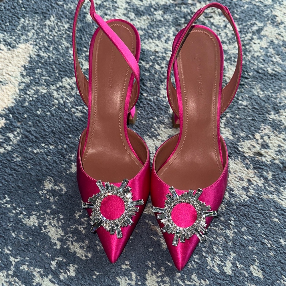 Amina Muaddi Fuchsia Satin Slingback Heels